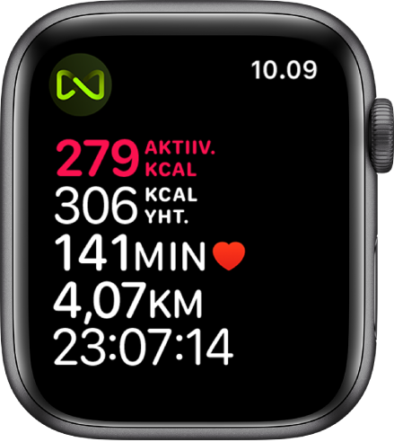 Harjoittelu-näyttö, joka näyttää yksityiskohtia juoksumattotreenistä. Symboli ylävasemmassa kulmassa kertoo, että Apple Watch on langattomassa yhteydessä juoksumattoon.