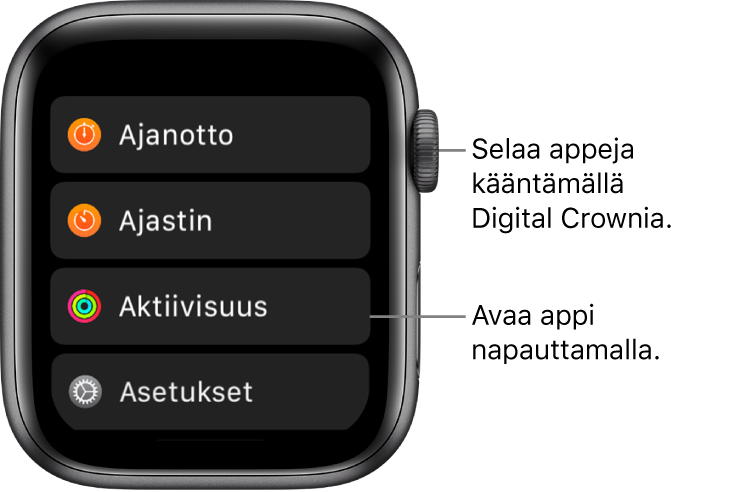 Koti-valikko luettelonäkymässä Apple Watchissa, apit luettelona. Avaa appi napauttamalla. Katso lisää appeja vierittämällä.