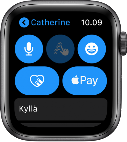 Viestit-valikko, jossa näkyy alaoikealla Apple Pay ‑painike.