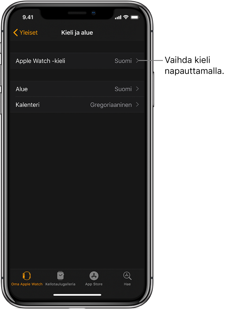 Apple Watch ‑apin Kieli ja alue -näyttö, jonka yläosassa on kellon kieliasetus.