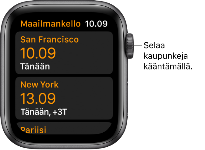 Maailmankello-appi, jossa on luettelo kaupunkeja ja vierityspalkki.