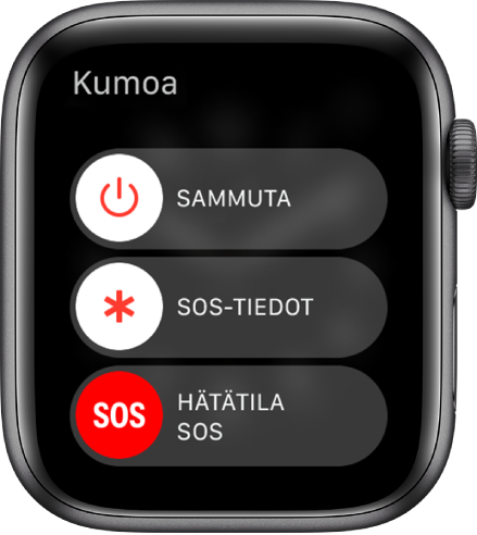 Apple Watchin näyttö, jossa on kolme liukusäädintä: Virta pois päältä, SOS-tiedot ja Hätätilanne SOS. Laita Apple Watch pois päältä vetämällä Virta pois ‑liukusäädintä.