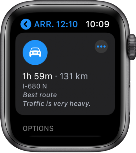 L’app Plan affiche un itinéraire suggéré ainsi que la distance et la durée estimées pour arriver à destination. Un bouton Plus s’affiche en haut à droite.