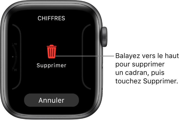 Écran de l’Apple Watch affichant les boutons Supprimer et Annuler qui apparaissent après avoir balayé un cadran vers le haut.