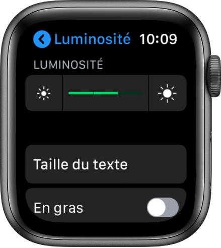 Réglages de luminosité sur l’Apple Watch affichant le curseur de luminosité en haut, le bouton Taille du texte au centre et la commande En gras en bas.