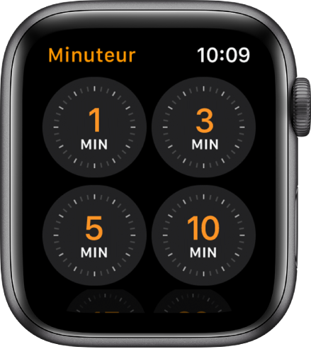 Écran de l’app Minuteur affichant les durées prédéfinies : 1, 3, 5 et 10 minutes.