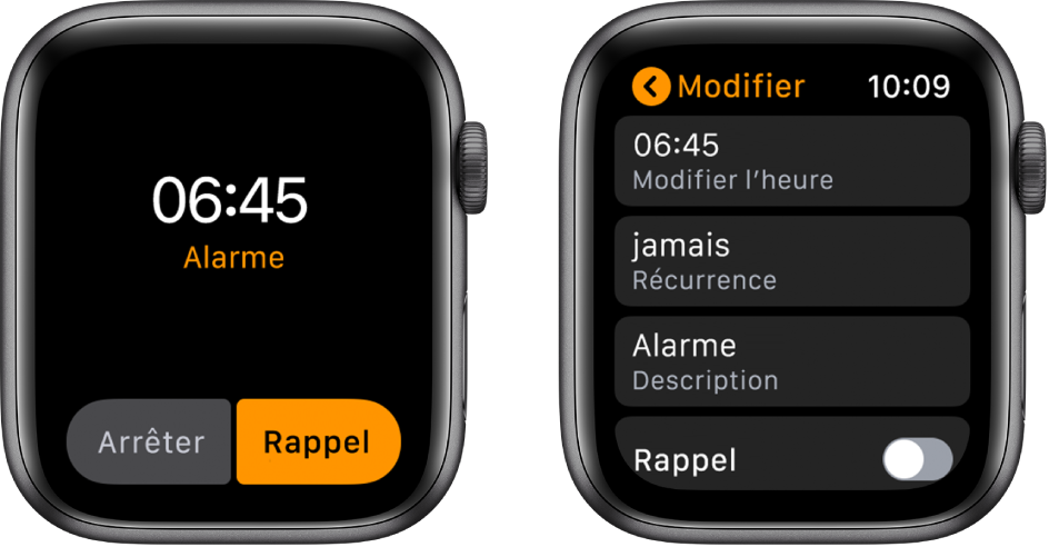 Deux écrans d’Apple Watch : l’un affiche un cadran de montre avec un bouton de rappel d’alarme, l’autre affiche les réglages de l’alarme, avec l’option Rappel en bas de l’écran.