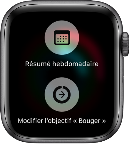Écran de l’app Activité affichant les boutons Résumé hebdomadaire et Modifier l’objectif « Bouger ».
