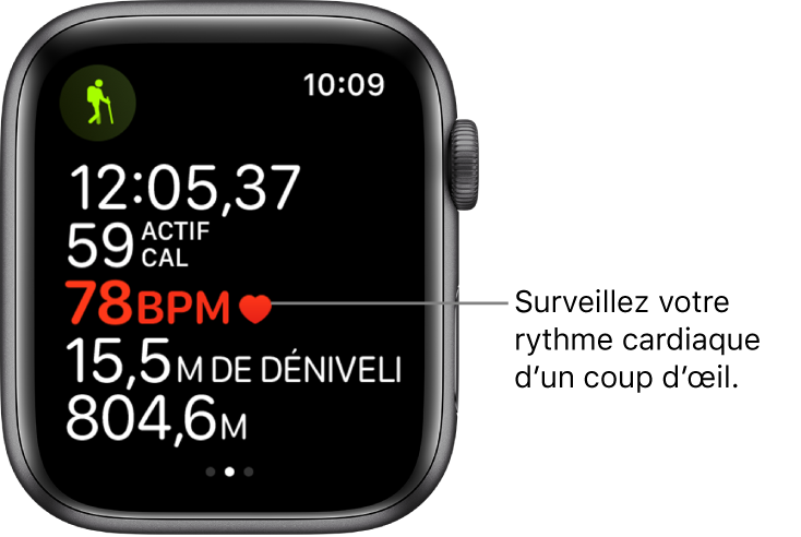 Écran affichant les statistiques de l’entraînement, y compris le temps écoulé et le rythme cardiaque. L’Apple Watch vous invite à contrôler votre rythme cardiaque d’un coup d’œil.