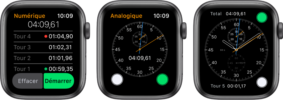 Trois cadrans affichant trois types de chronomètre : un chronomètre numérique dans l’app Chronomètre, un chronomètre analogique dans cette même app et les commandes de chronomètre disponibles sur le cadran Chronographe.