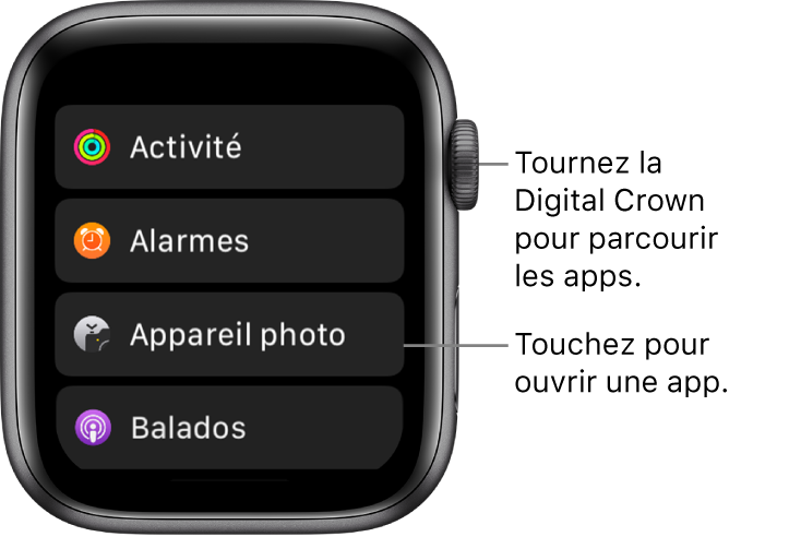 Écran d’accueil de l’Apple Watch en présentation par liste, avec des apps sous forme de liste. Touchez une app pour l’ouvrir. Faites défiler l’écran pour afficher davantage d’apps.