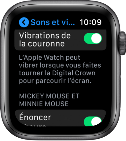 Écran Vibrations de la couronne affichant le commutateur Vibrations de la couronne activé.