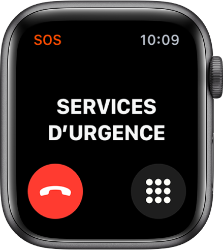 L’écran Services d’urgence affiche « Connexion » près du haut de l’écran. Un bouton d’annulation d’appel se trouve en bas à gauche et un bouton de pavé numérique en bas à droite.