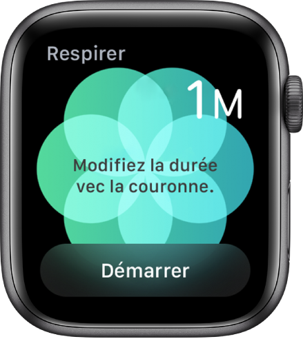 L’app Respirer affiche une durée d’une minute en haut à droite de l’écran et le bouton Démarrer en bas.