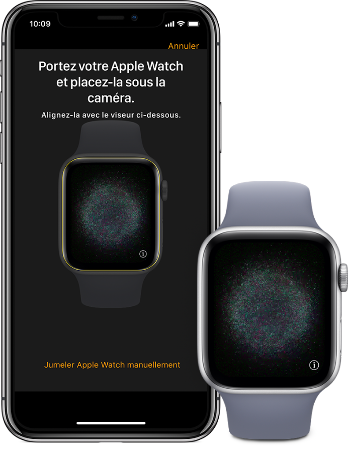Illustration du jumelage : une Apple Watch est portée au poignet gauche et une main droite tient l’iPhone associé. L’écran de l’iPhone affiche les instructions de jumelage et l’Apple Watch est visible dans le viseur; l’écran de l’Apple Watch illustre le jumelage.