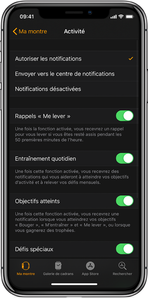 Écran Activité de l’app Watch à partir duquel vous pouvez personnaliser les notifications que vous souhaitez recevoir.