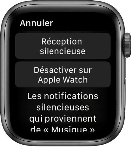Réglages des notifications sur l’Apple Watch. Le bouton supérieur affiche « Réception silencieuse » et le bouton en dessous, « Désactiver sur l’Apple Watch ».