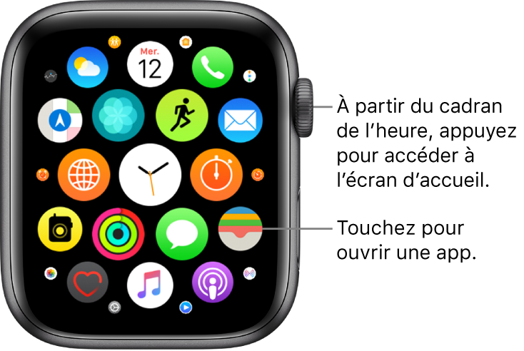 Écran d’accueil de l’Apple Watch en présentation en grille, avec des apps en forme de grappe. Touchez une app pour l’ouvrir. Balayez l’écran pour afficher davantage d’apps.