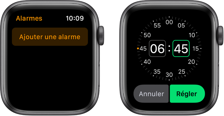 Deux écrans d’Apple Watch qui montrent comment ajouter une alarme : Touchez Ajouter une alarme, touchez AM ou PM le cas échéant, tournez la couronne Digital Crown pour régler l’heure, puis touchez Régler.