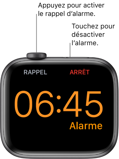 Apple Watch placée sur le côté dont l’écran affiche une alarme qui sonne. Le mot « Rappel » s’affiche sous la couronne Digital Crown. Le mot « Arrêter » s’affiche sous le bouton latéral.