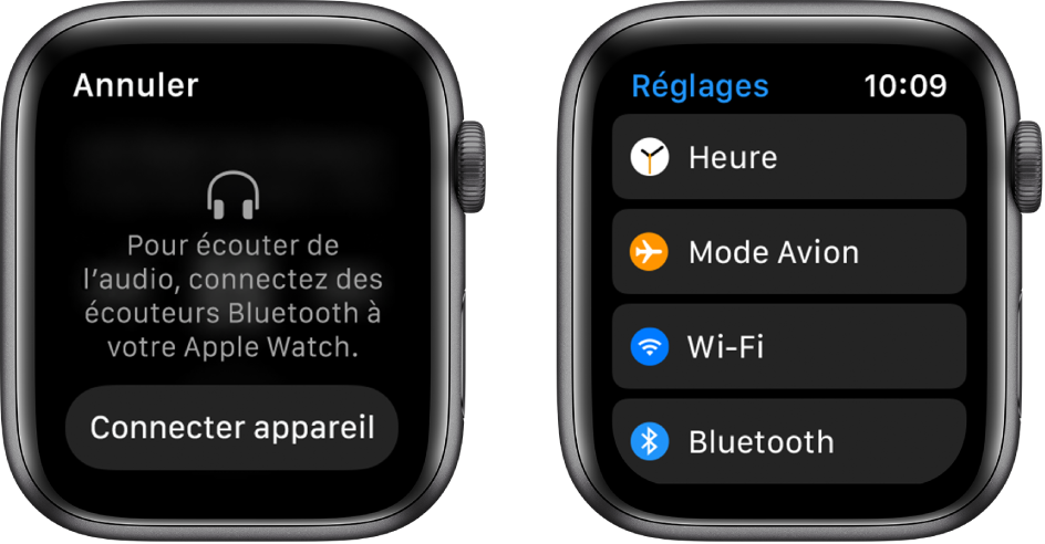 Si vous faites passer la source de la musique à votre Apple Watch avant de jumeler les haut-parleurs ou les écouteurs Bluetooth, un bouton Connecter appareil s’affiche près du bas de l’écran. Il ouvre les réglages Bluetooth de votre Apple Watch, où vous pouvez ajouter un appareil d’écoute.