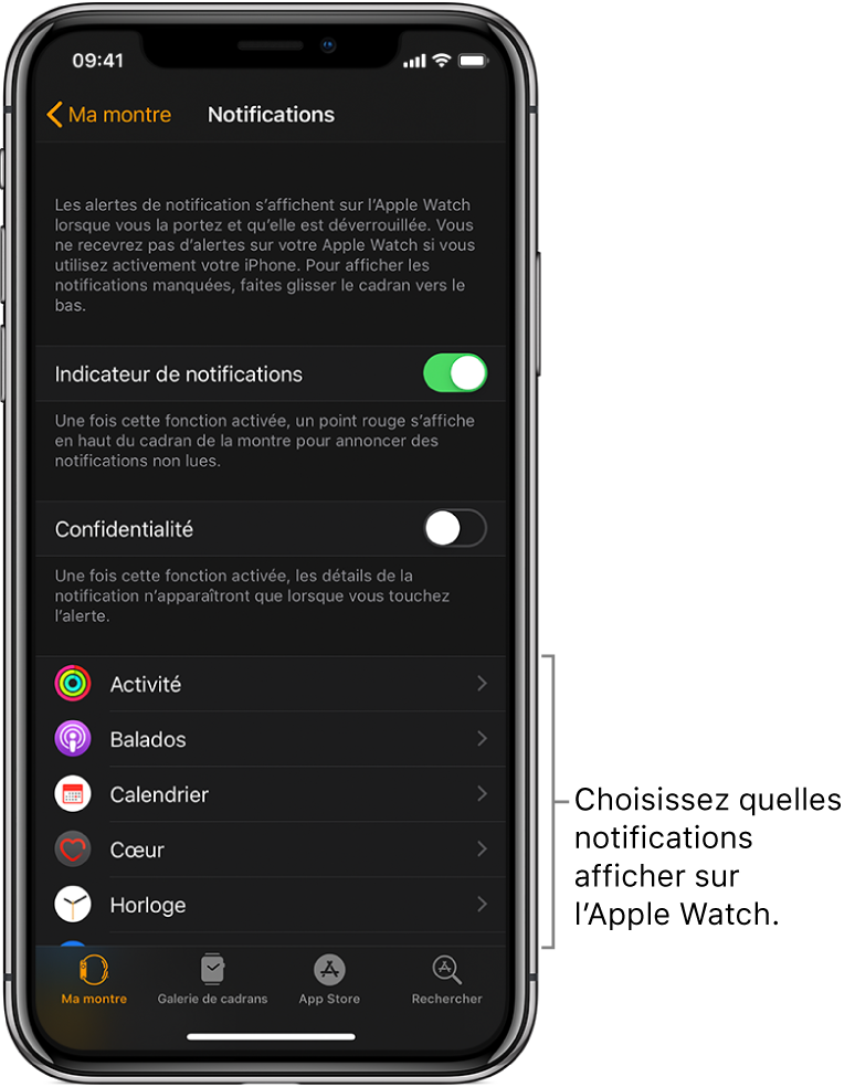 Écran Notifications dans l’app Watch sur l’iPhone affichant les sources de notifications.