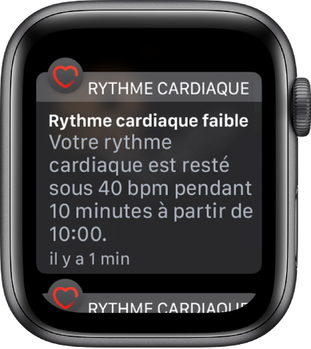Écran Alerte de Rythme cardique indiquant la détection d’un rythme cardiaque faible.