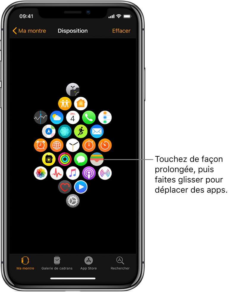 L’écran Disposition de l’Apple Watch montrant une grille d’icônes. Une indication pointe vers une icône d’app et affiche « Toucher et faire glisser pour déplacer les apps ».