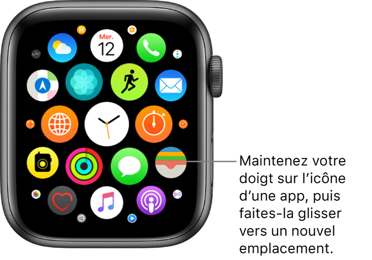 Écran de l’Apple Watch en présentation en grille. L’Apple Watch vous invite à toucher une app de façon prolongée et à la faire glisser vers un nouvel emplacement.