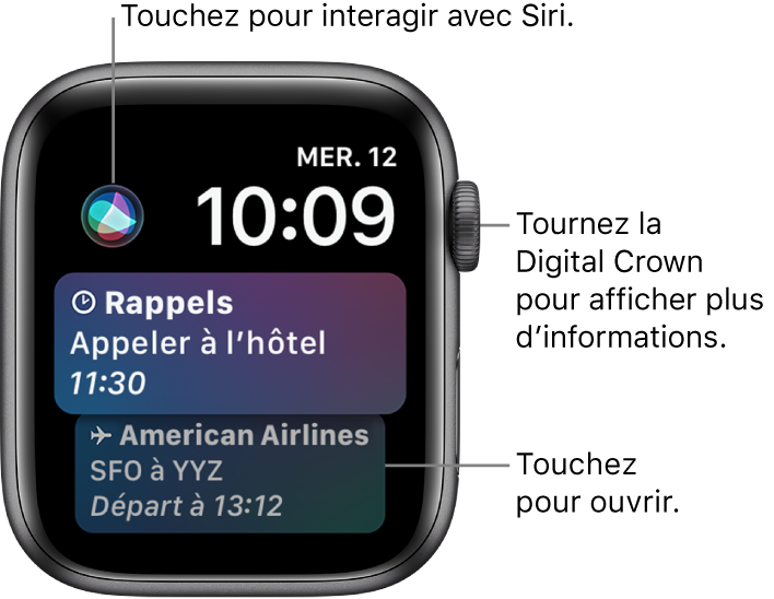 Cadran Siri affichant un rappel et une carte d’embarquement. Un bouton Siri se situe en haut de l’écran. La date et l’heure se situent en haut à droite.