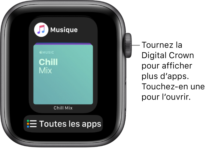 Dock affichant l’app Musique et un bouton Toutes les apps en dessous. Tournez la couronne Digital Crown pour afficher plus d’apps. Touchez une app pour l’ouvrir.