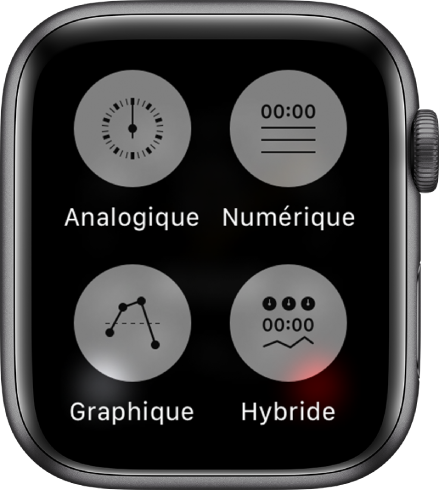 Lorsque l’app Chronomètre est ouverte et que vous appuyez sur l’écran, celui-ci affiche quatre boutons pour choisir le format : Analogique, Numérique, Graphique et Hybride.