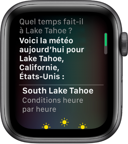 Un écran Siri. La question “Quel temps fait-il à Biarritz ?” est affichée en haut. En dessous, la réponse indique “Voici le temps à Biarritz aujourd’hui”, suivi d’un graphique affichant la météo de Biarritz heure par heure.