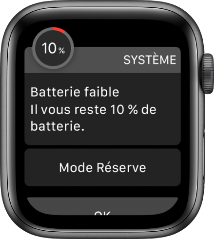 L’alerte batterie faible comprend un bouton que vous pouvez toucher pour activer le mode Réserve.