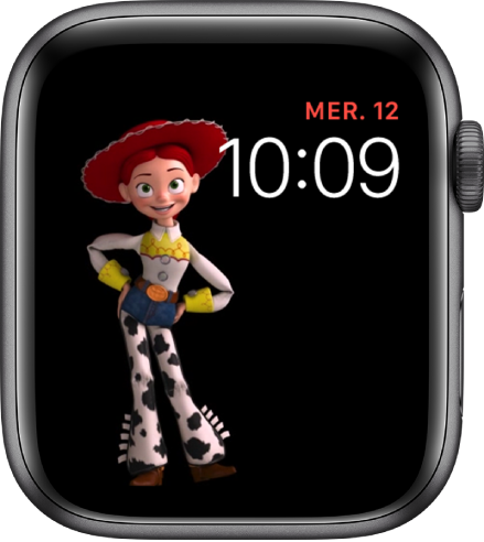 Le cadran Toy Story affiche le jour, date et l’heure en haut à droite, et une Jessie animée au milieu à gauche de l’écran.