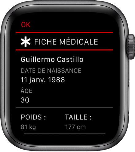 Un écran Fiche médicale affichant le nom de l’utilisateur, sa date de naissance, son âge, son poids et sa taille.