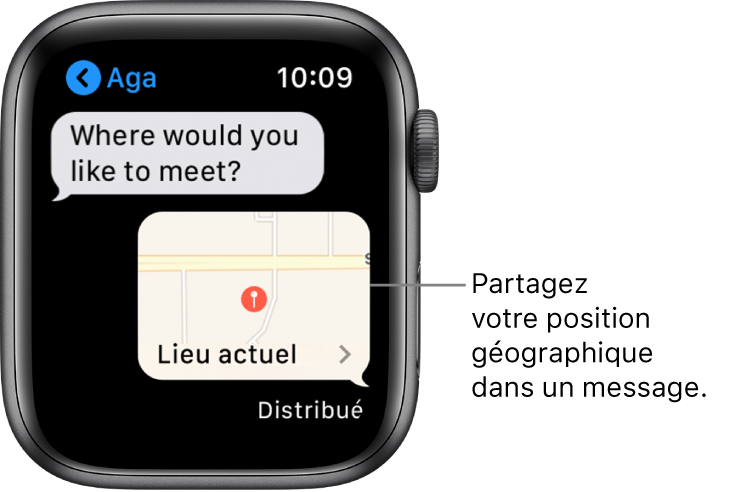 Écran Messages affichant un plan de la position géographique de l’expéditeur.