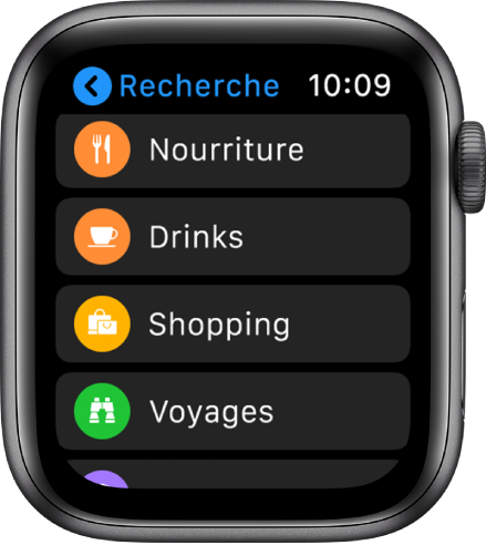 App Plans avec une liste de catégories : Restaurants, bars, magasins, voyages, etc.