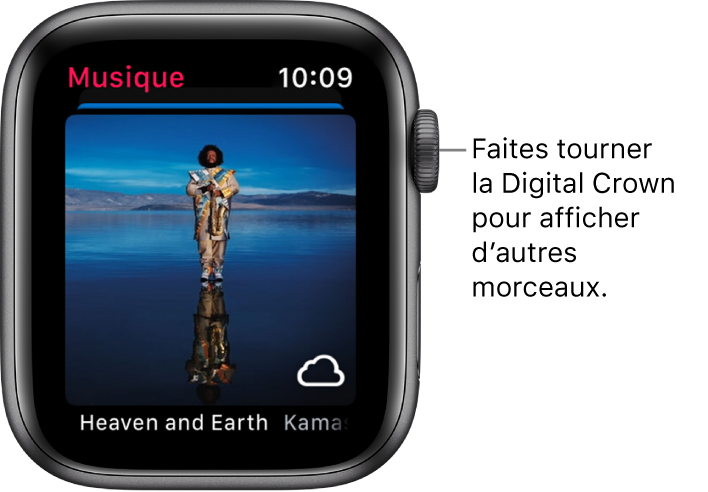 L’écran avec un album et son illustration dans l’app Musique.