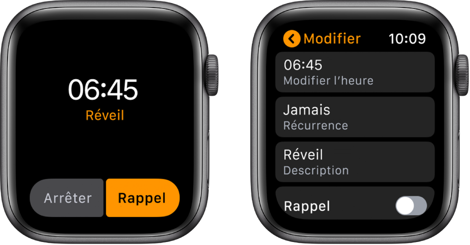 Deux écrans de la montre : L’un montre un cadran avec un bouton pour répéter le réveil, l’autre montre les réglages Modifier avec la commande de rappel vers le bas.