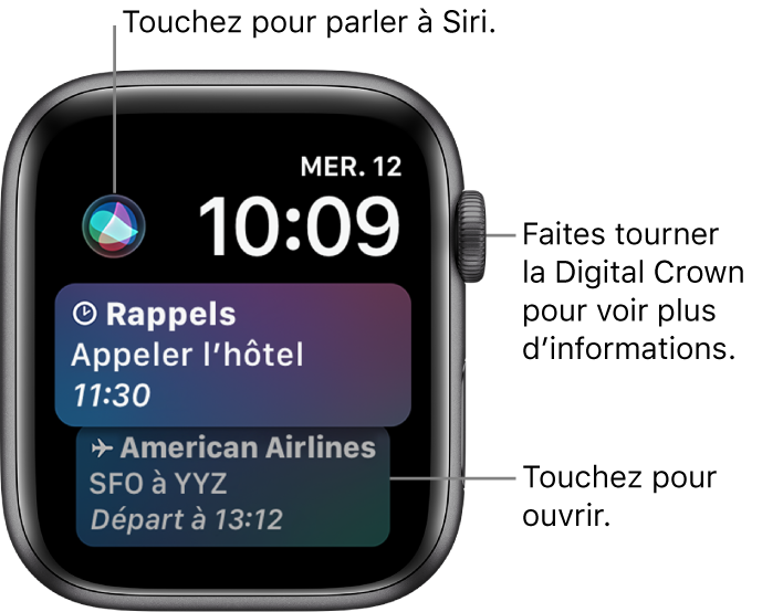 Le cadran Siri affichant un rappel et une carte d’embarquement. Un bouton Siri est affiché en haut à gauche de l’écran. La date et l’heure sont affichées en haut à droite.