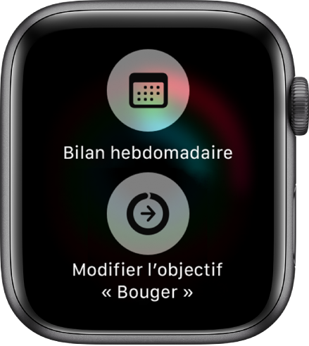 Écran de l’app Activité affichant les boutons Bilan hebdomadaire et Modifier l’objectif « Bouger ».