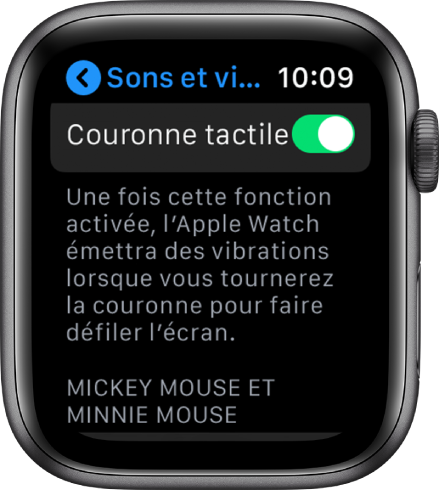 L’écran Vibrations de la couronne, avec le bouton Vibrations de la couronne en position « activé ».