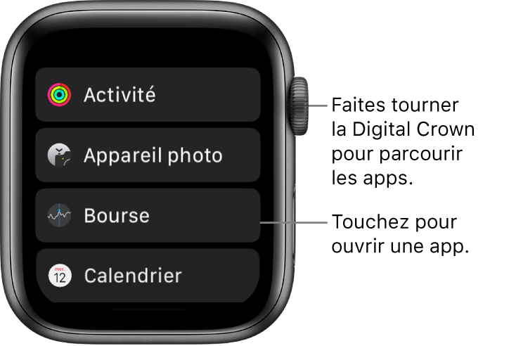 Écran d’accueil en présentation par liste sur l’Apple Watch, avec les apps disposées en liste. Touchez une app pour l’ouvrir. Faites défiler pour afficher plus d’apps.