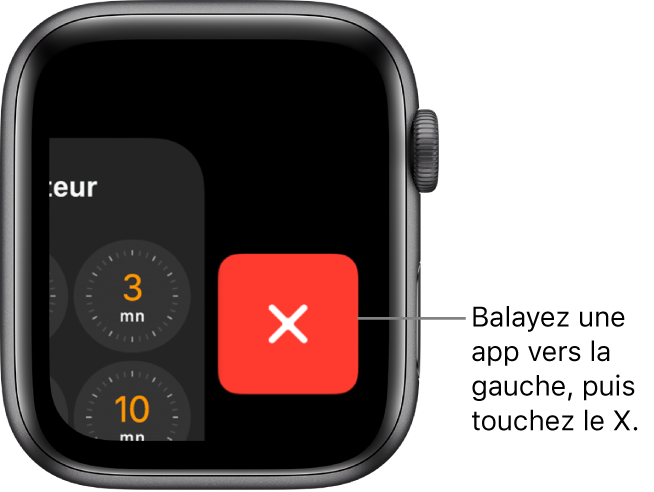 Dock après que vous avez balayé une app vers la gauche, avec le bouton X au milieu.