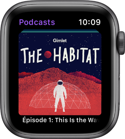 Un écran de Podcasts affichant une grande vignette avec le nom du podcast. Le nom d’un épisode apparaît au-dessous.