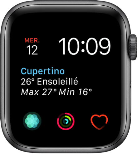 Cadran Modulaire, sur lequel vous pouvez modifier la couleur du cadran. Il présente trois complications de sous-cadran situées en bas : Respirer, Activité et Rythme cardiaque.