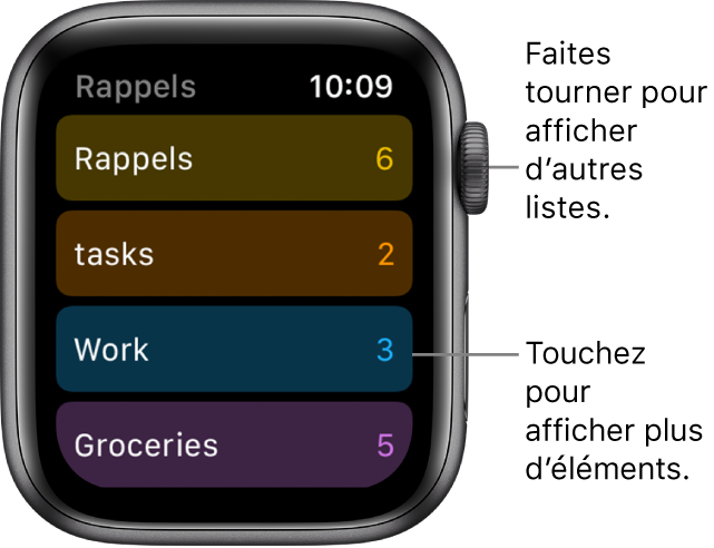 L’écran Rappels affichant une liste de rappels, notamment Rappels, Tâches, Travail et Supermarché. Touchez une liste pour en afficher les éléments, ou faites tourner la couronne Digital Crown pour afficher plus de listes.