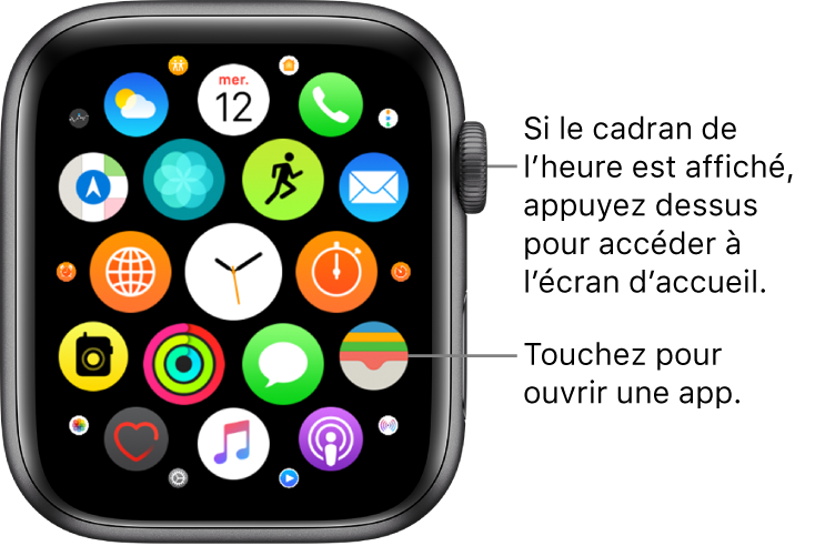 Écran d’accueil en présentation en grille sur l’Apple Watch, avec les apps disposées en grappe. Touchez une app pour l’ouvrir. Faites glisser pour afficher plus d’apps.