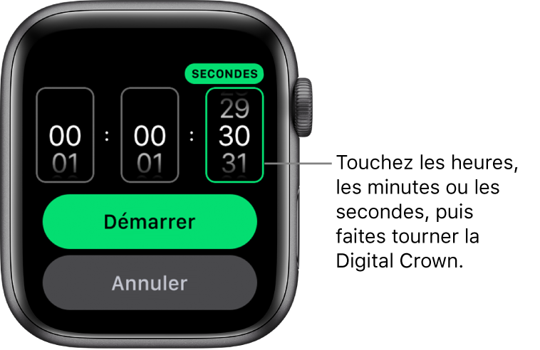 Réglages de création d’un minuteur personnalisé, avec les heures à gauche, les minutes au centre et les secondes à droite. Le bouton Démarrer se situe dessous.